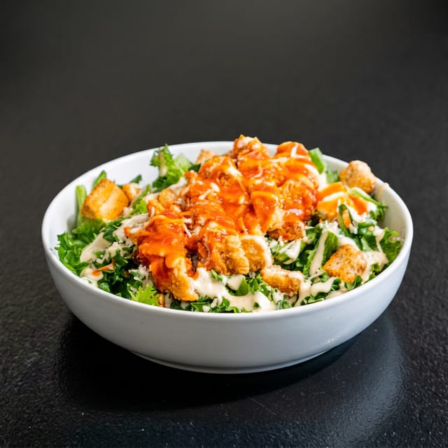 Buffalo Chick'n Caesar Salad.